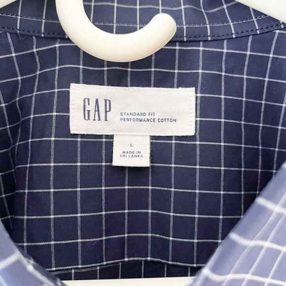 Gap Mens Navy Window Pane Button Up Shirt Sz L Standard Fit Performance Cotton - Picture 2 of 12